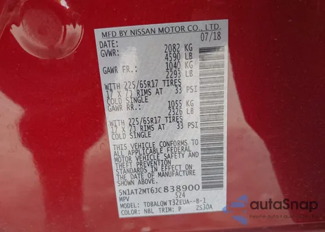 2018 Nissan Rogue Sv from USA, damaged, VIN 5N1AT2MT6JC838900